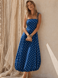 WOMEN'S SLEEVELESS SQUARE NECK POCKETS OPEN BACK POLKA DOTS MAXI DRESS