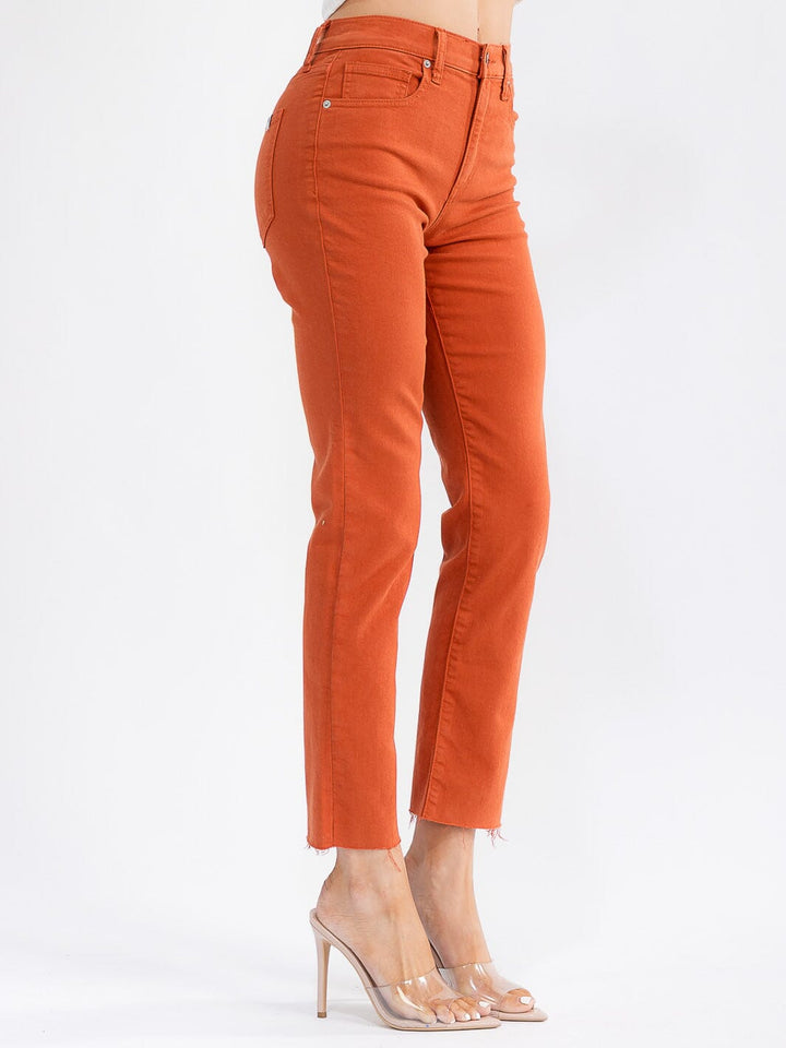 WOMEN'S BUTTON CLOSURE POCKETS RAW EDGE STRAIGHT LEG DENIM PANTS