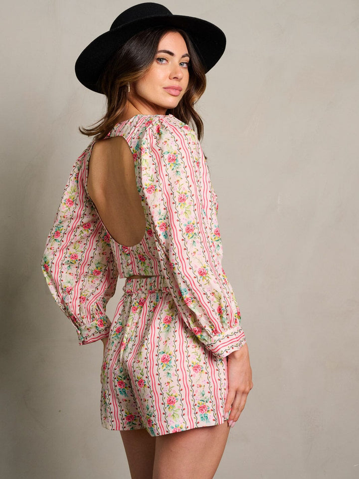 WOMEN'S LONG SLEEVE OPEN BACK TOP & SHORTS FLORAL 2PC. SET