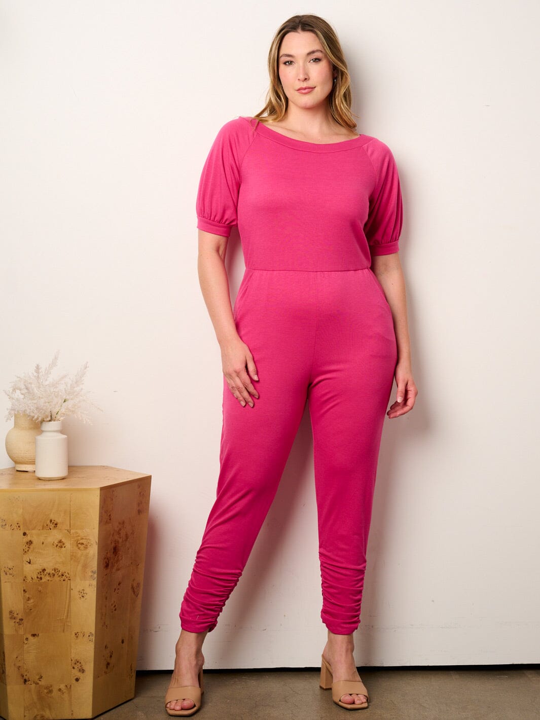 WOMEN'S SHORT SLEEVE ELASTIC WAIST POCKETS JUMPSUIT