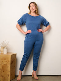 WOMEN'S SHORT SLEEVE ELASTIC WAIST POCKETS JUMPSUIT