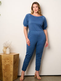 WOMEN'S SHORT SLEEVE ELASTIC WAIST POCKETS JUMPSUIT
