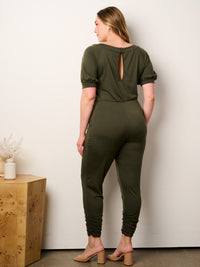 WOMEN'S SHORT SLEEVE ELASTIC WAIST POCKETS JUMPSUIT