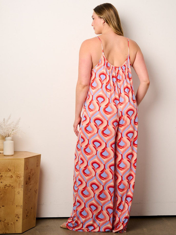 WOMEN'S SLEEVELESS V-NECK POCKETS MULTI PRINT WIDE LEG JUMPSUIT