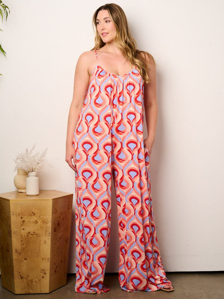 WOMEN'S SLEEVELESS V-NECK POCKETS MULTI PRINT WIDE LEG JUMPSUIT