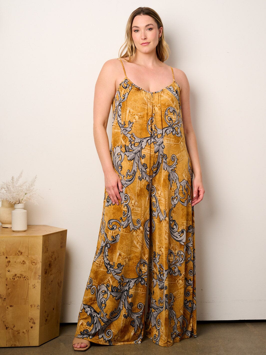 WOMEN'S SLEEVELESS V-NECK POCKETS MULTI PRINT WIDE LEG JUMPSUIT