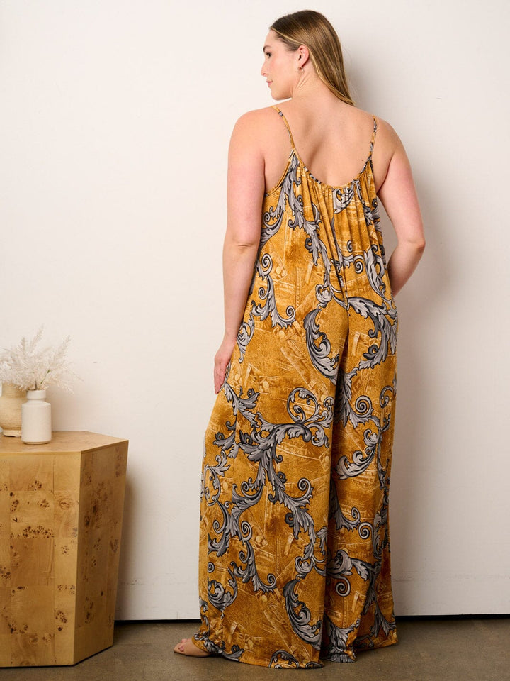 WOMEN'S SLEEVELESS V-NECK POCKETS MULTI PRINT WIDE LEG JUMPSUIT