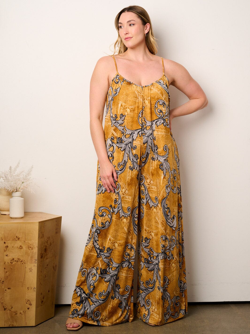 WOMEN'S SLEEVELESS V-NECK POCKETS MULTI PRINT WIDE LEG JUMPSUIT