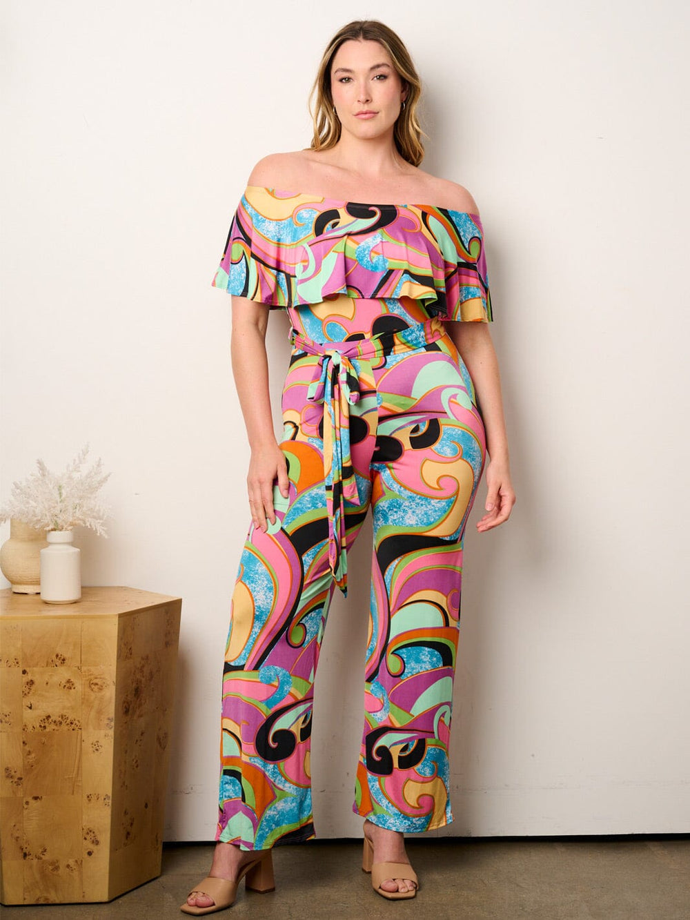PLUS SIZE OFF SHOULDER RUFFLE SELF TIE MULTI PRINT WIDE LEG JUMPSUIT