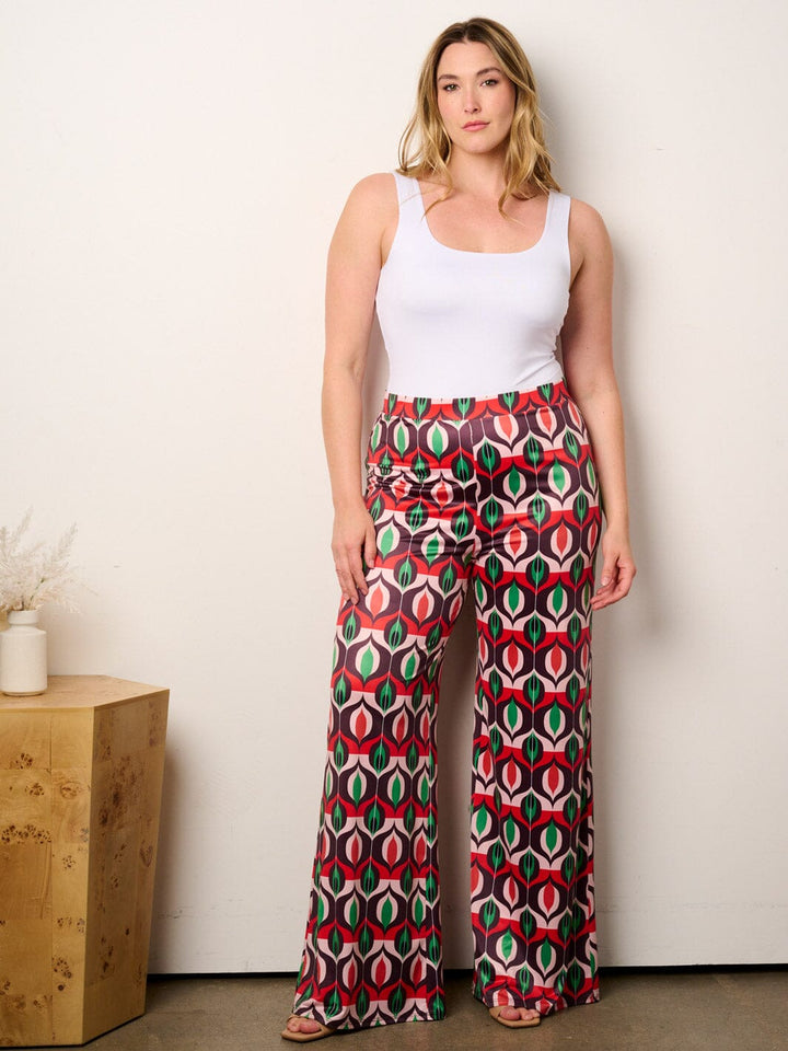 PLUS SIZE ELASTIC WAIST MULTI PRINT WIDE LEG PANTS