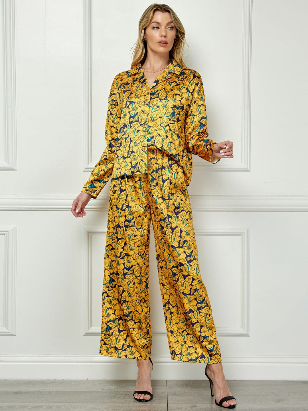 WOMEN'S LONG SLEEVE BLOUSE TOP & WIDE LEG PANTS FLORAL 2PC SET