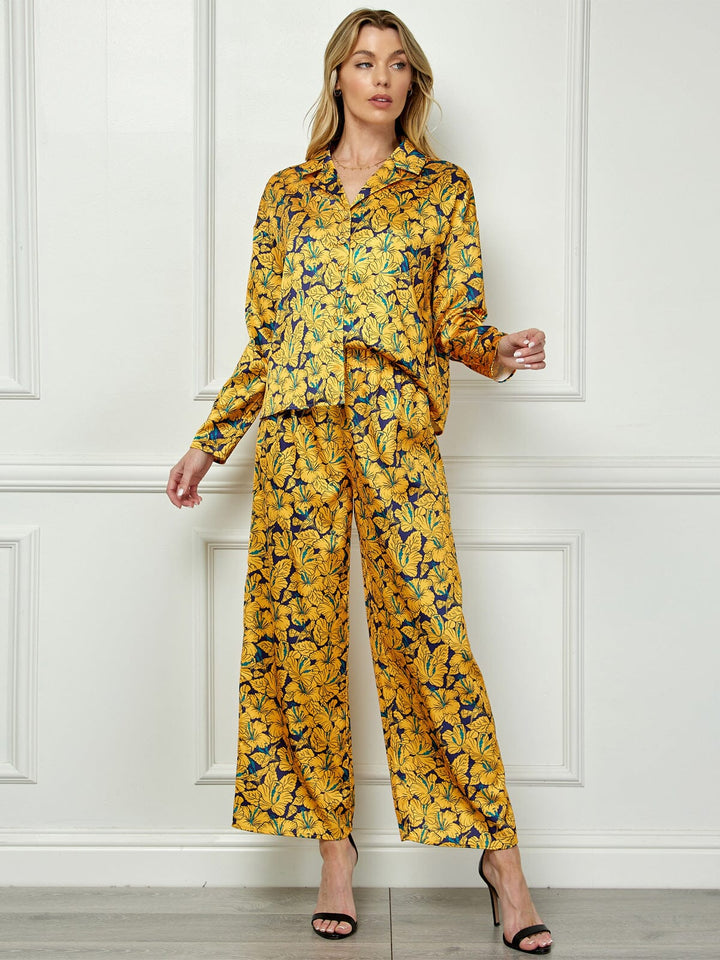 WOMEN'S LONG SLEEVE BLOUSE TOP & WIDE LEG PANTS FLORAL 2PC SET