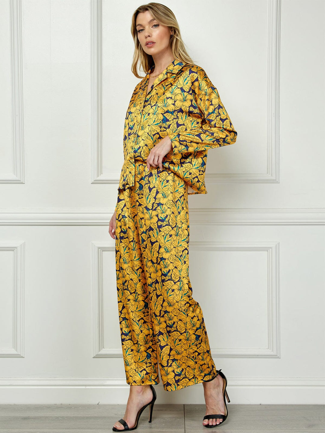 WOMEN'S LONG SLEEVE BLOUSE TOP & WIDE LEG PANTS FLORAL 2PC SET