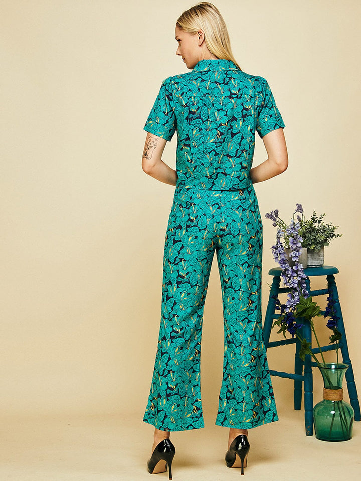 WOMEN'S SHORT SLEEVE BLOUSE TOP & WIDE LEG PANTS FLORAL 2PC SET