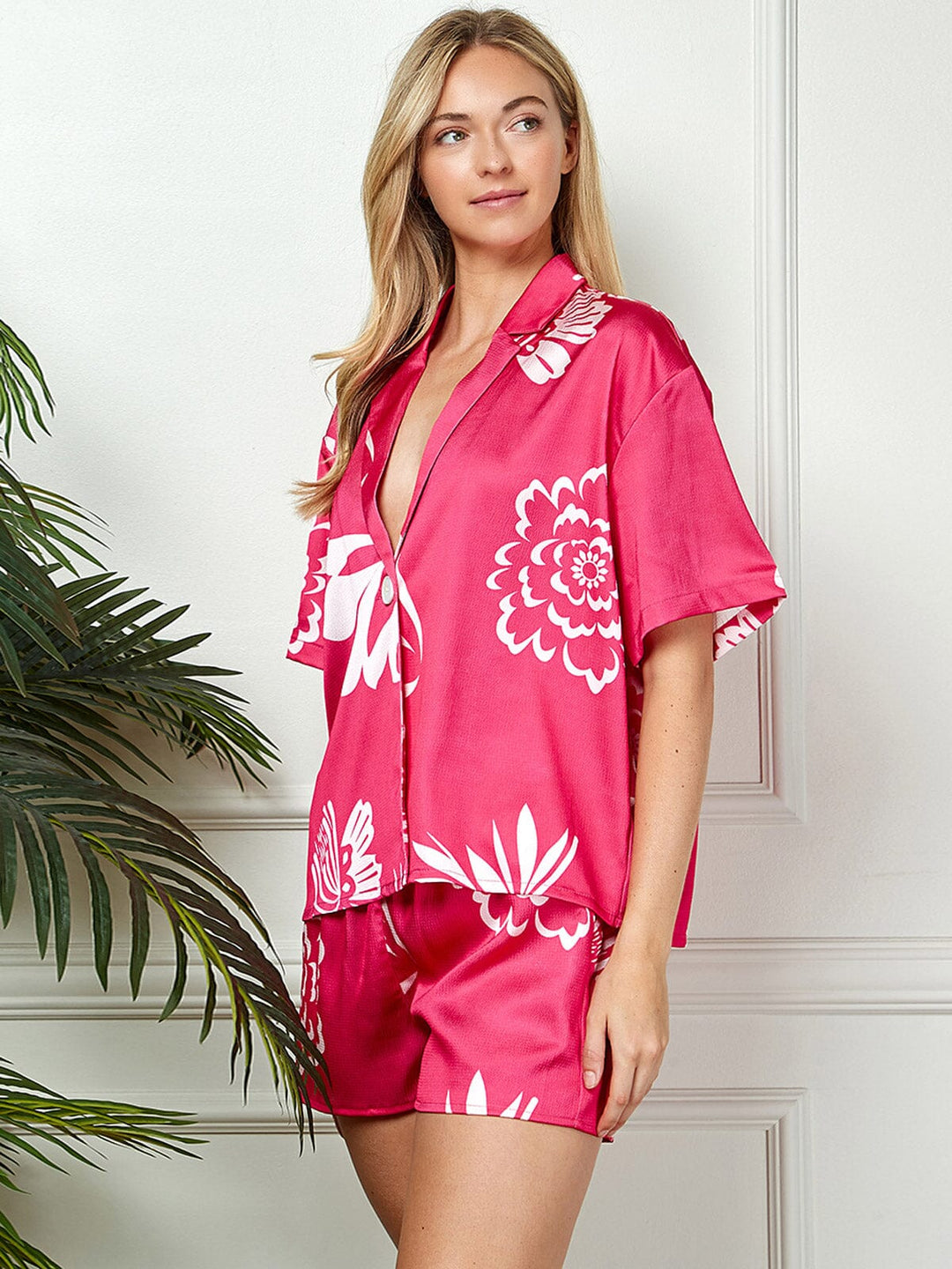 WOMEN'S SHORT SLEEVE BUTTON UP BLOUSE & SHORTS FLORAL 2PC.SET