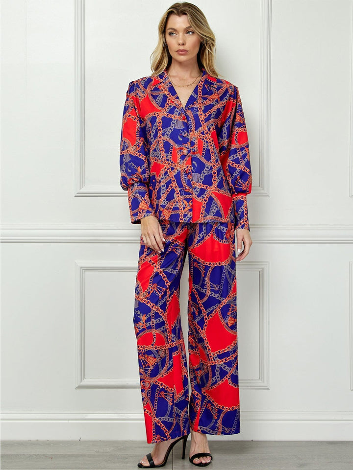 WOMEN'S LONG SLEEVE BLOUSE TOP & WIDE LEG PANTS MULTI PRINT 2PC SET