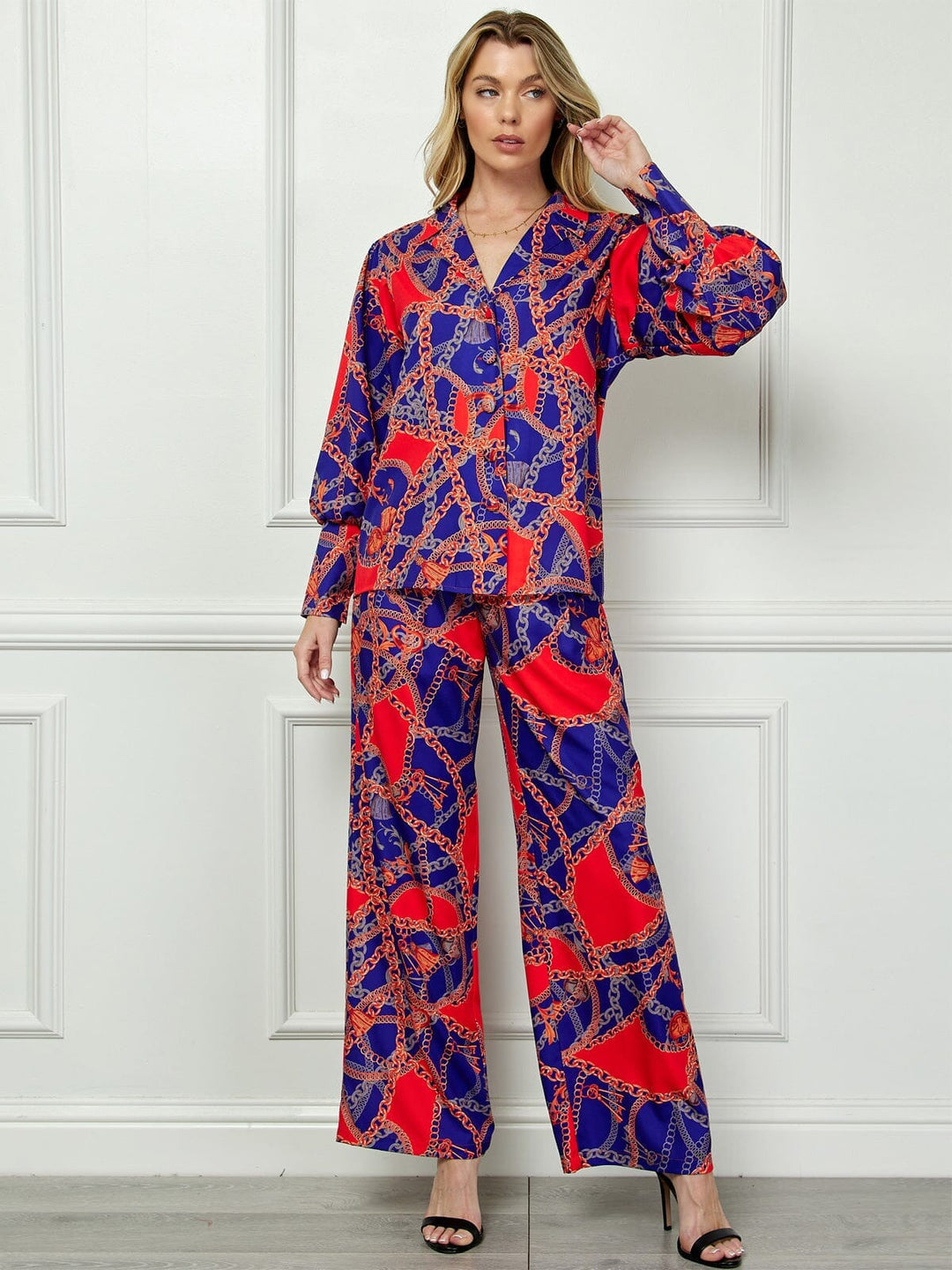 WOMEN'S LONG SLEEVE BLOUSE TOP & WIDE LEG PANTS MULTI PRINT 2PC SET