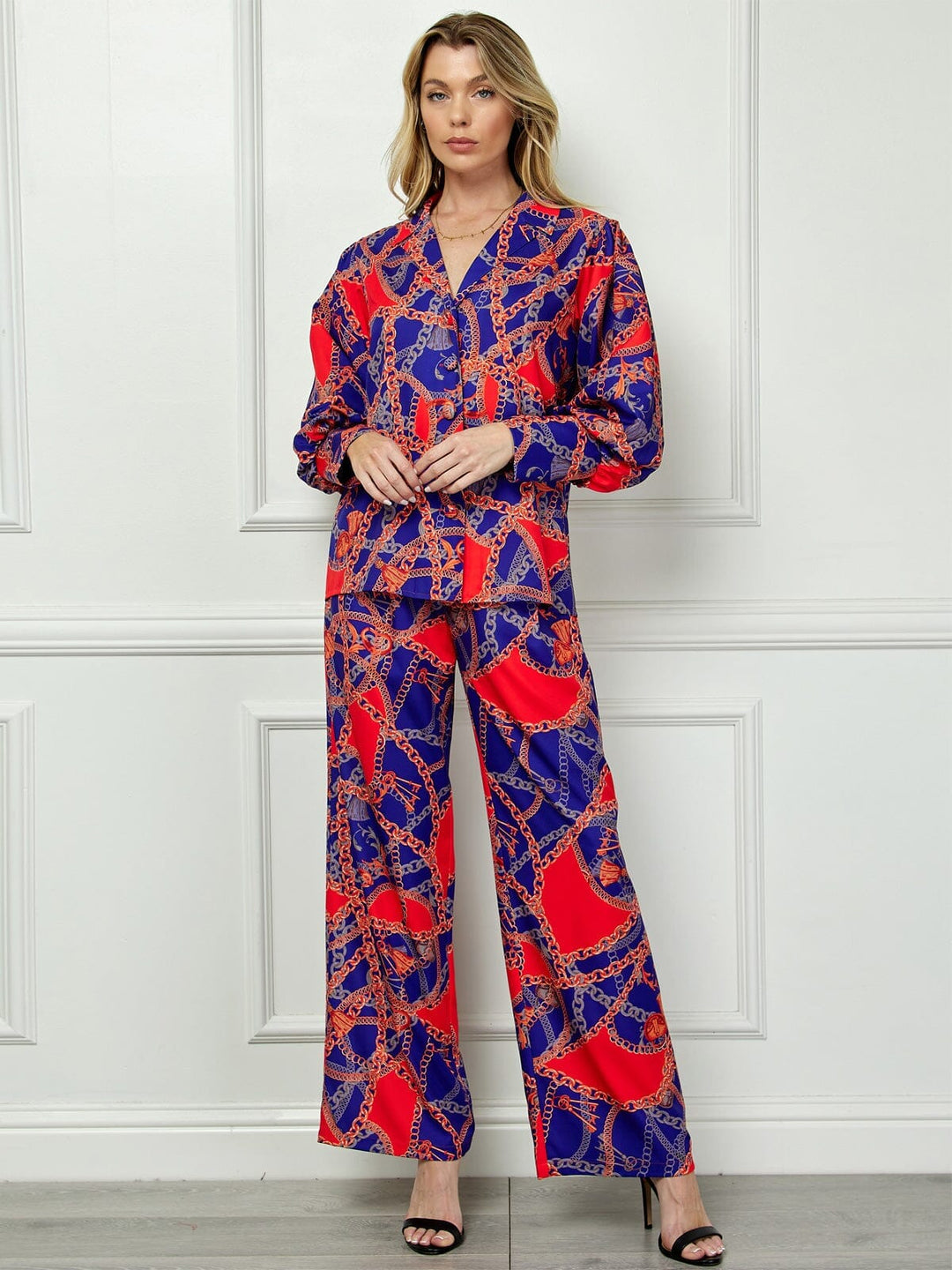 WOMEN'S LONG SLEEVE BLOUSE TOP & WIDE LEG PANTS MULTI PRINT 2PC SET