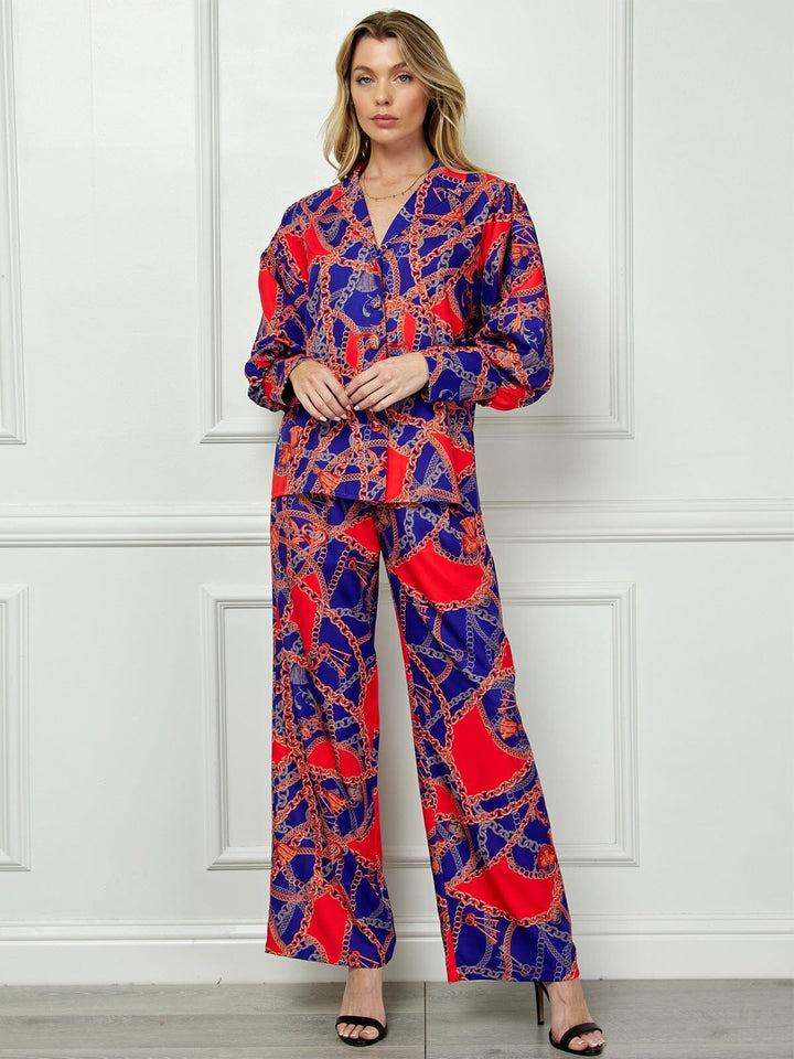 WOMEN'S LONG SLEEVE BLOUSE TOP & WIDE LEG PANTS MULTI PRINT 2PC SET