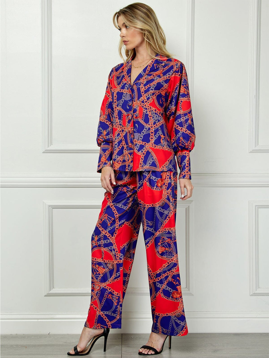 WOMEN'S LONG SLEEVE BLOUSE TOP & WIDE LEG PANTS MULTI PRINT 2PC SET
