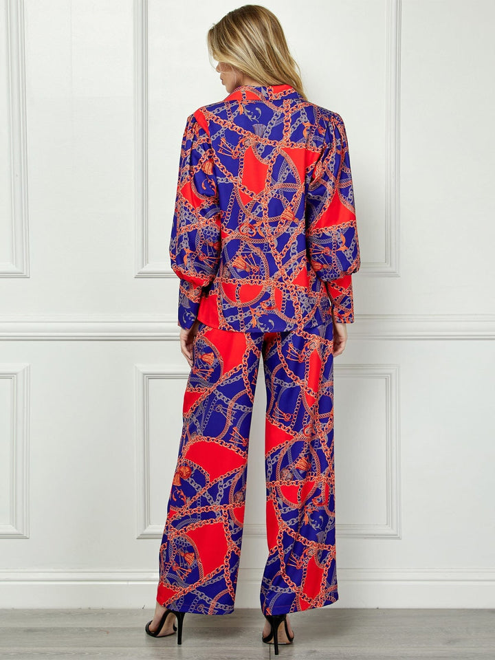 WOMEN'S LONG SLEEVE BLOUSE TOP & WIDE LEG PANTS MULTI PRINT 2PC SET