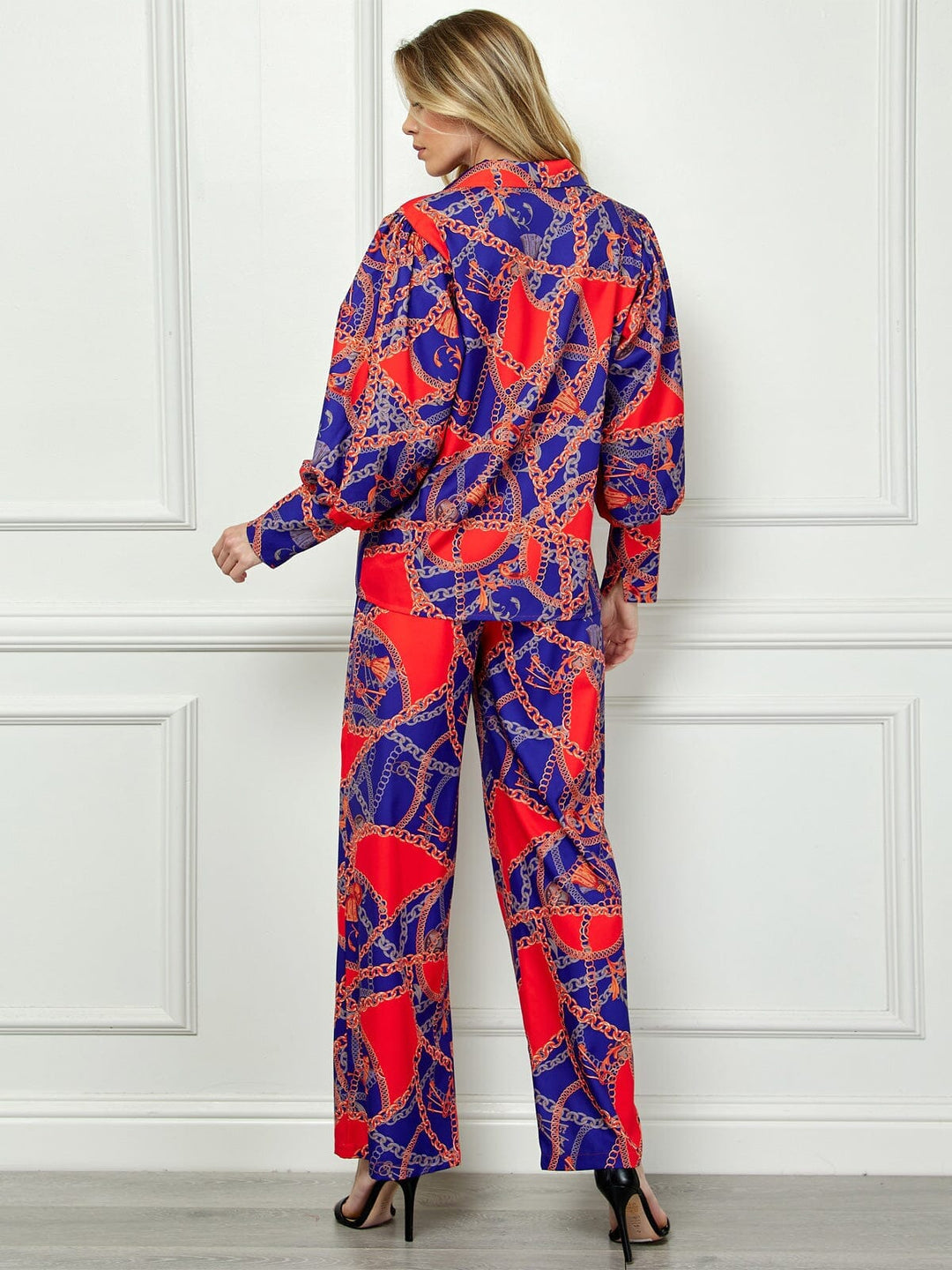 WOMEN'S LONG SLEEVE BLOUSE TOP & WIDE LEG PANTS MULTI PRINT 2PC SET