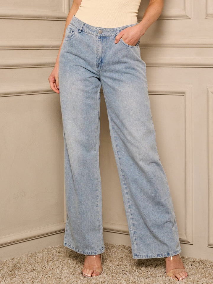 WOMEN'S BUTTON CLOSURE POCKETS WASHED DENIM PANTS