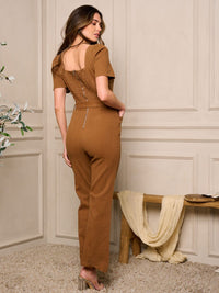 WOMEN'S SHORT SLEEVE SMOCK POCKETS DENIM JUMPSUIT