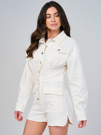WOMEN'S LONG SLEEVE POCKETS BUTTON CLOSURE DENIM ROMPER