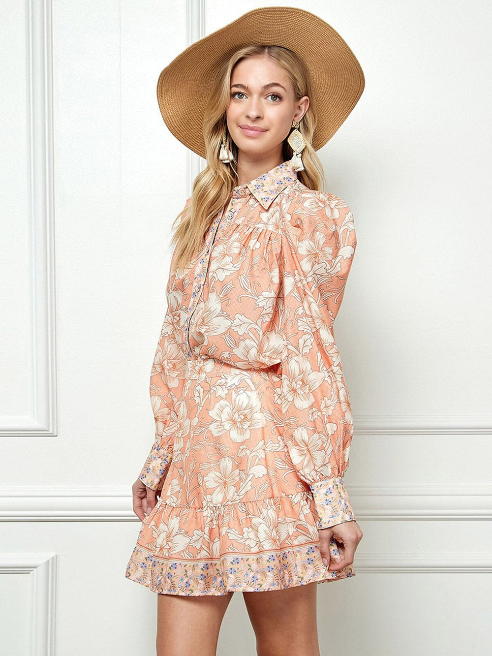 WOMEN'S LONG SLEEVE BUTTON UP TOP & MINI SKIRT FLORAL 2PC.SET