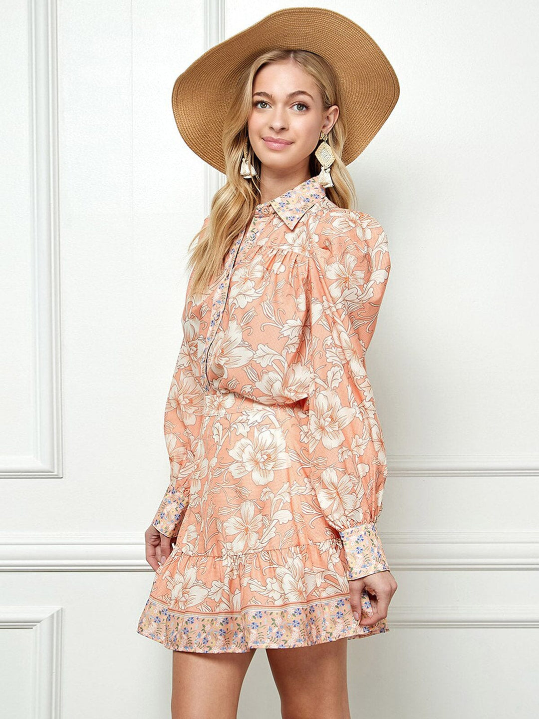 WOMEN'S LONG SLEEVE BUTTON UP TOP & MINI SKIRT FLORAL 2PC.SET