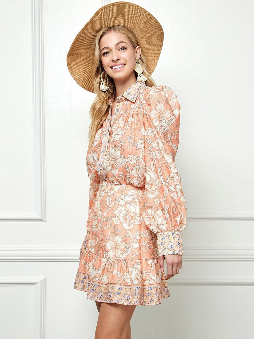 WOMEN'S LONG SLEEVE BUTTON UP TOP & MINI SKIRT FLORAL 2PC.SET
