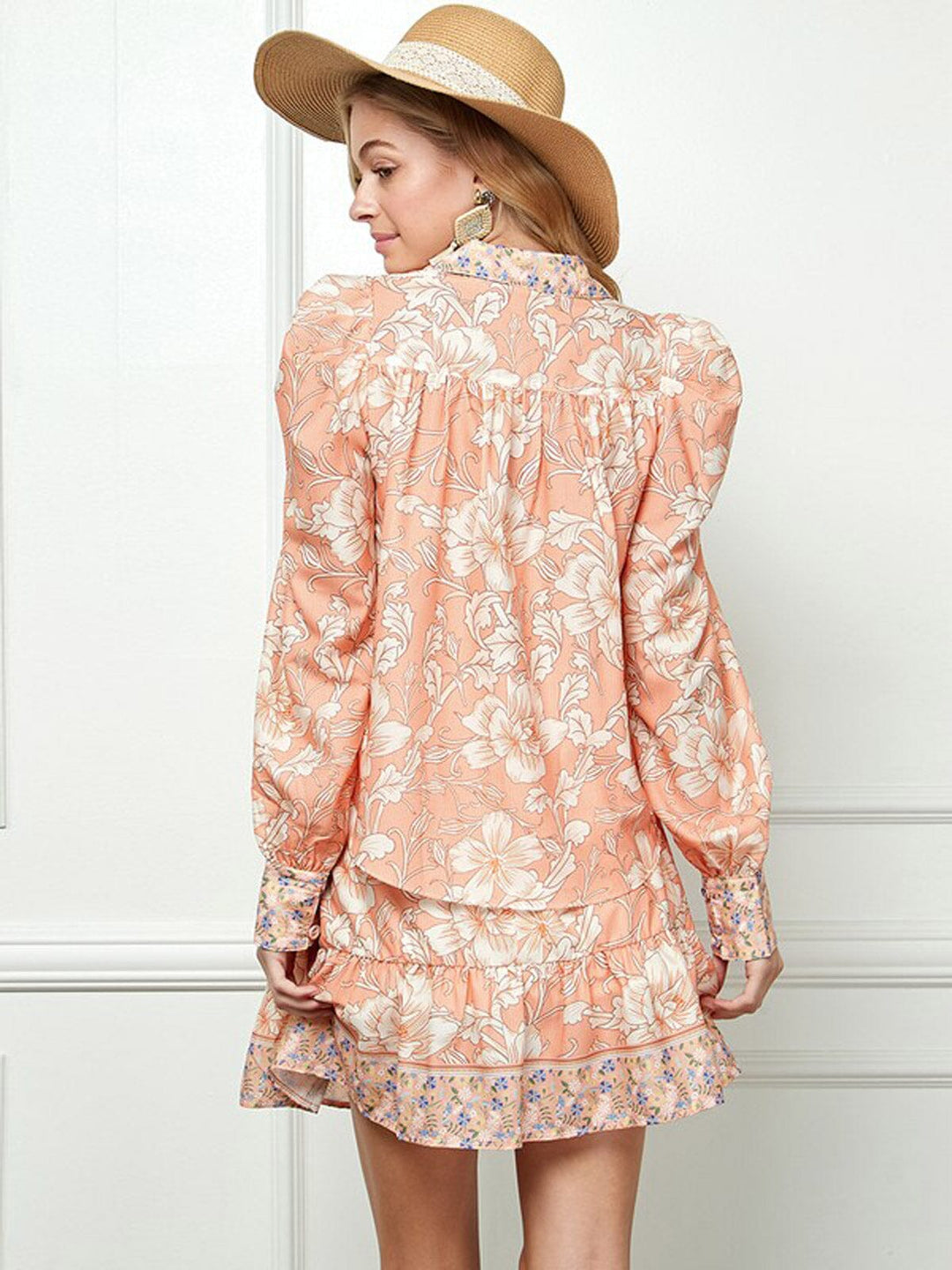 WOMEN'S LONG SLEEVE BUTTON UP TOP & MINI SKIRT FLORAL 2PC.SET