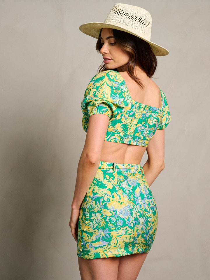 WOMEN'S SHORT SLEEVE CROP TOP & MINI SKIRT FLORAL 2PC.SET