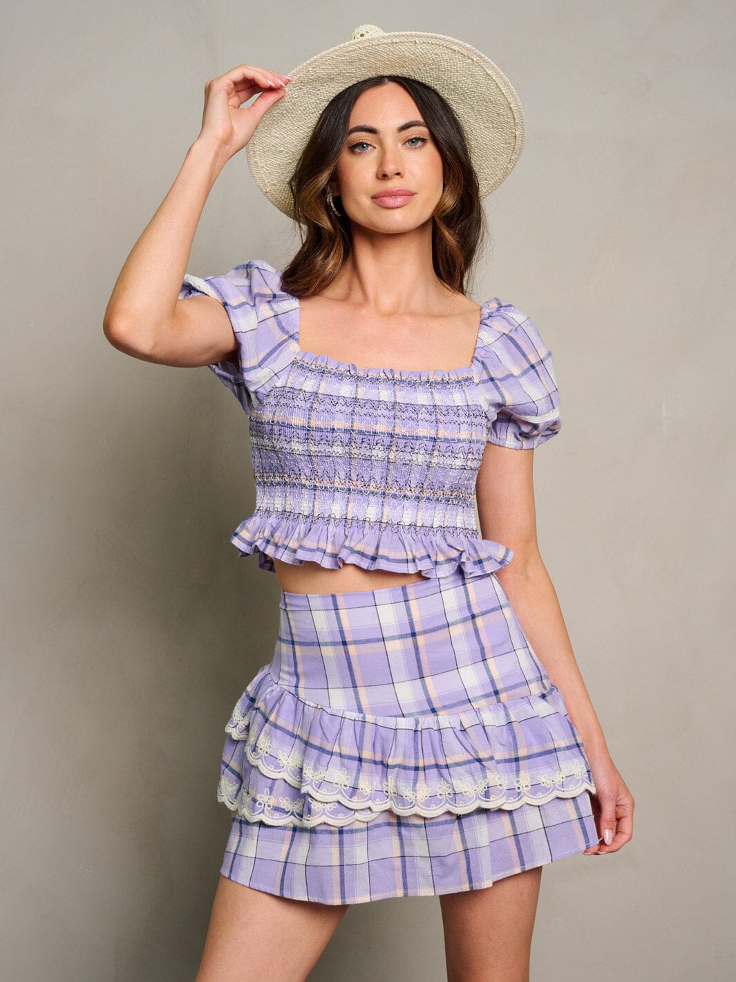 WOMEN'S SHORT SLEEVE TOP & RUFFLE MINI SKIRT PLAID 2PC. SET