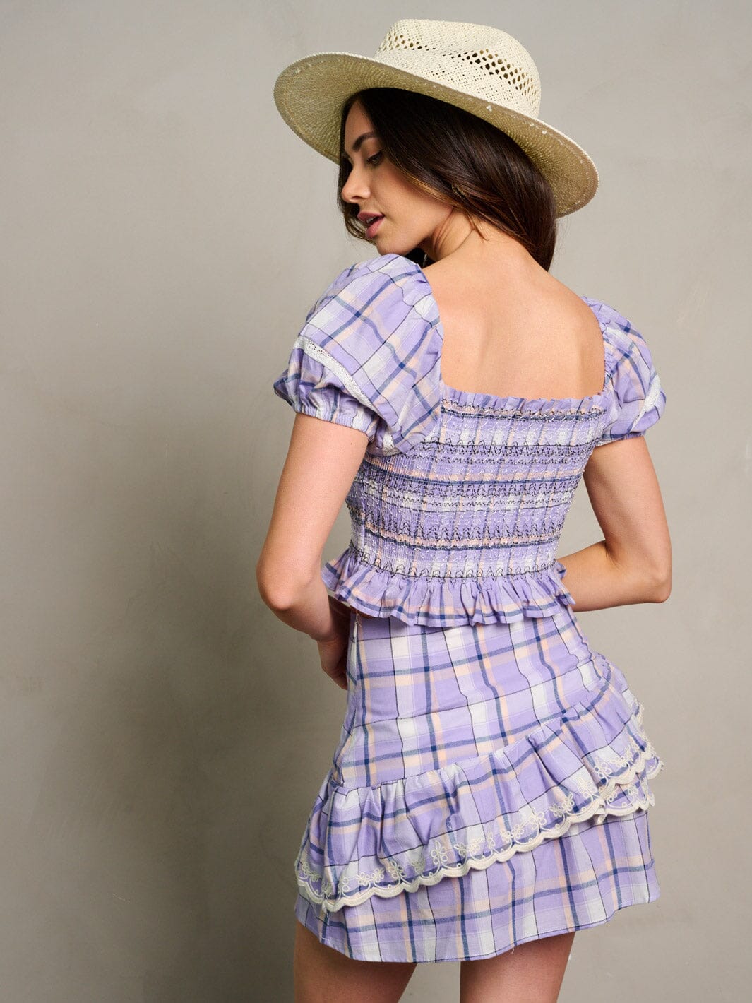 WOMEN'S SHORT SLEEVE TOP & RUFFLE MINI SKIRT PLAID 2PC. SET