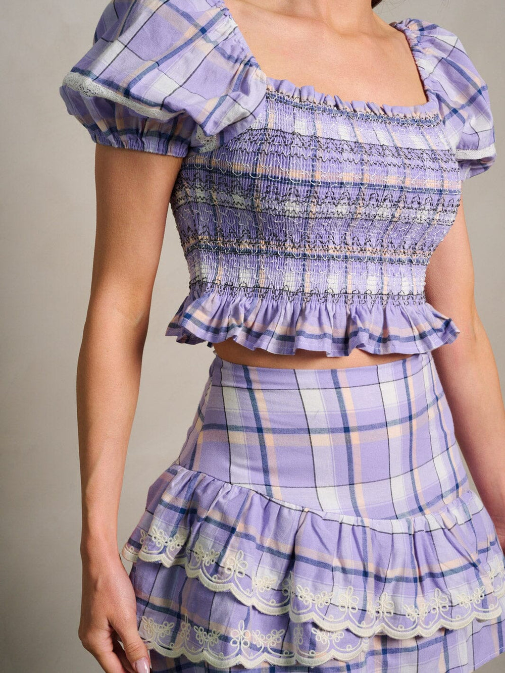 WOMEN'S SHORT SLEEVE TOP & RUFFLE MINI SKIRT PLAID 2PC. SET