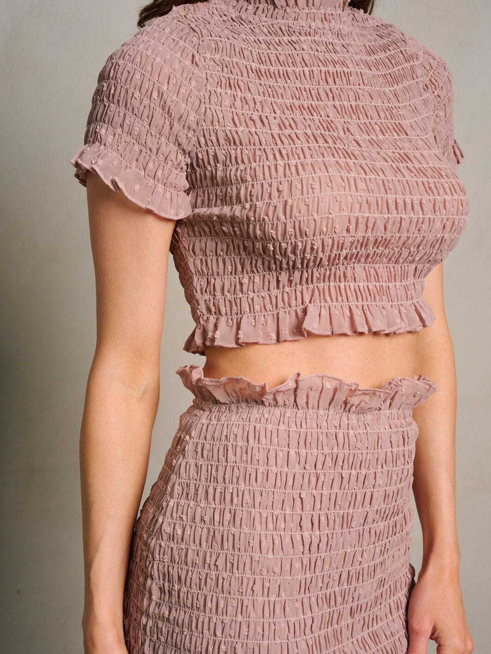 WOMEN'S SHORT SLEEVE CROP TOP & MINI SKIRT RUCHED 2PC SET