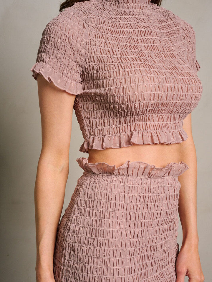 WOMEN'S SHORT SLEEVE CROP TOP & MINI SKIRT RUCHED 2PC SET