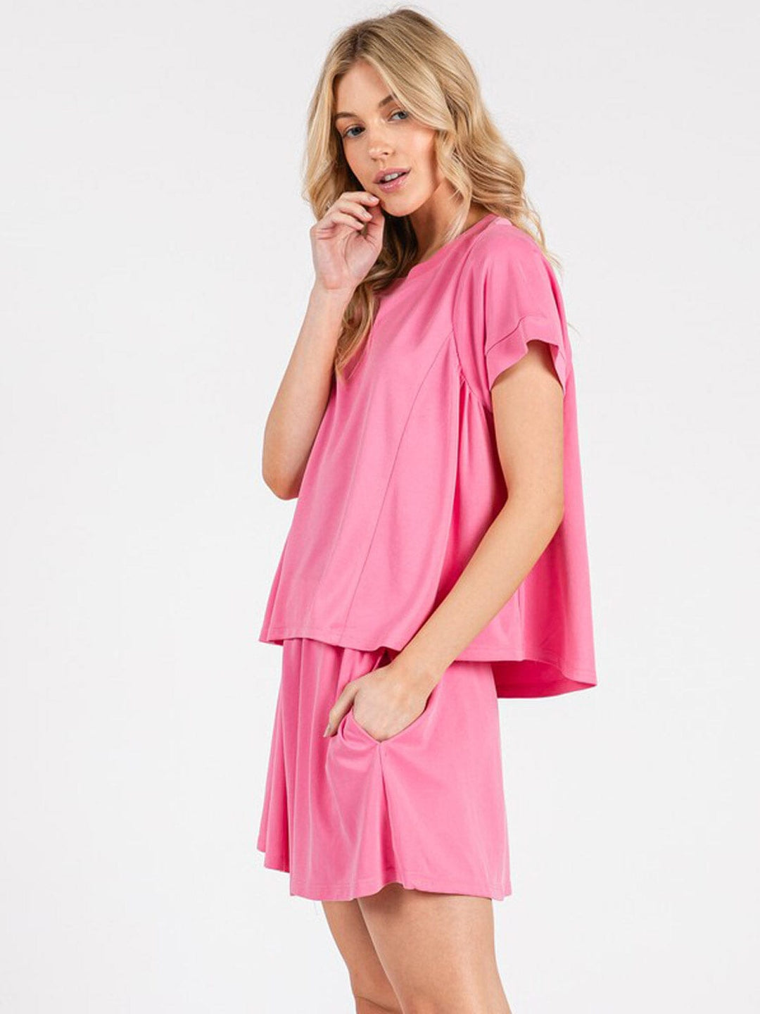 WOMEN'S SHORT SLEEVE BLOUSE & ELASTIC WAIST SHORTS SOLID 2PC. SET