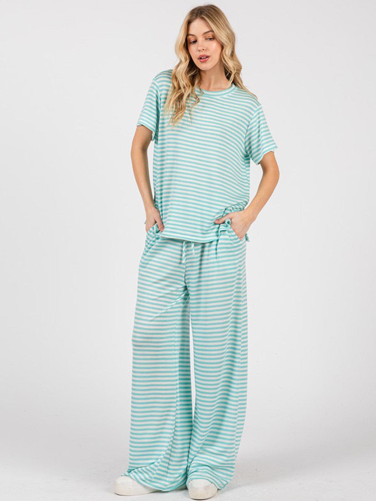 WOMEN'S SHORT SLEEVE TOP & ELASTIC WAIST PANTS STRIPES 2PC. SET