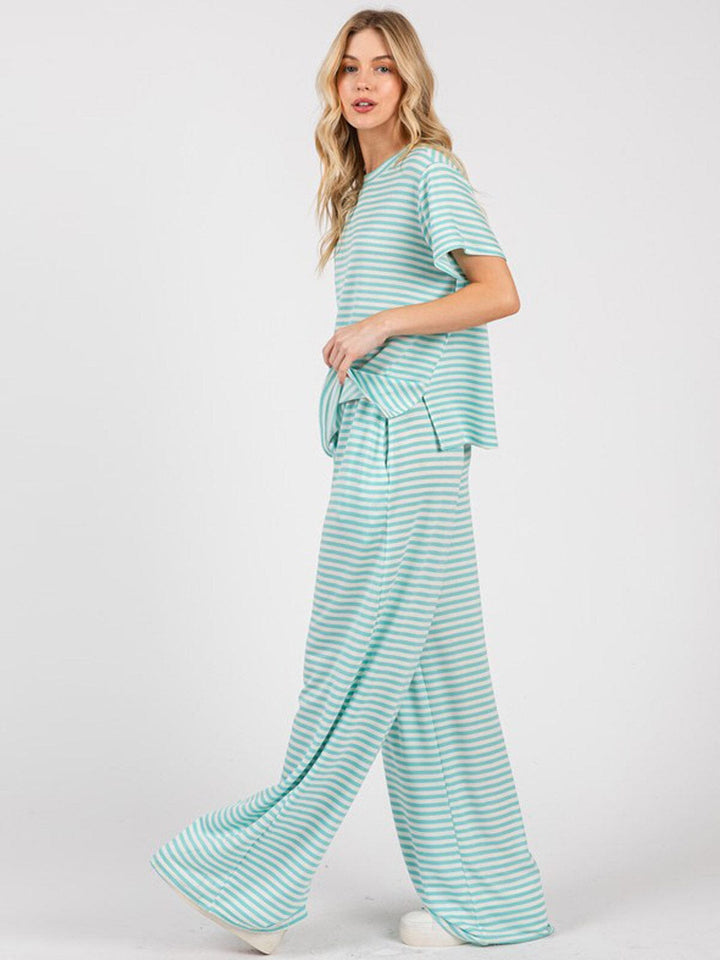 WOMEN'S SHORT SLEEVE TOP & ELASTIC WAIST PANTS STRIPES 2PC. SET