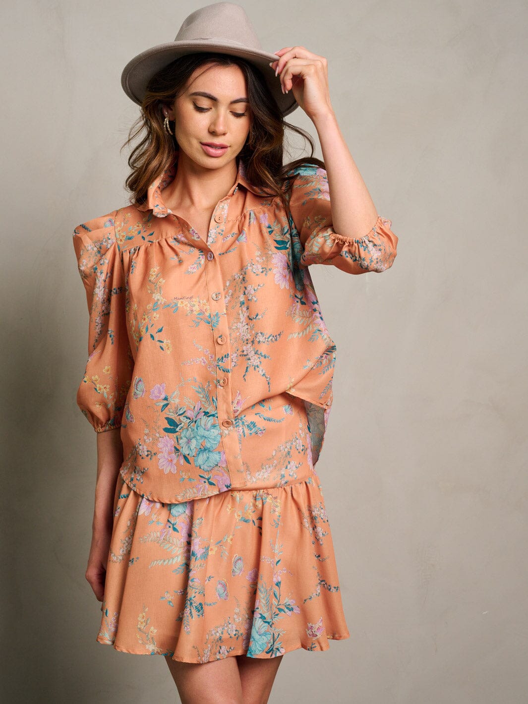 WOMEN'S 3/4 SLEEVE BUTTON UP TOP & MINI SKIRT FLORAL 2PC.SET