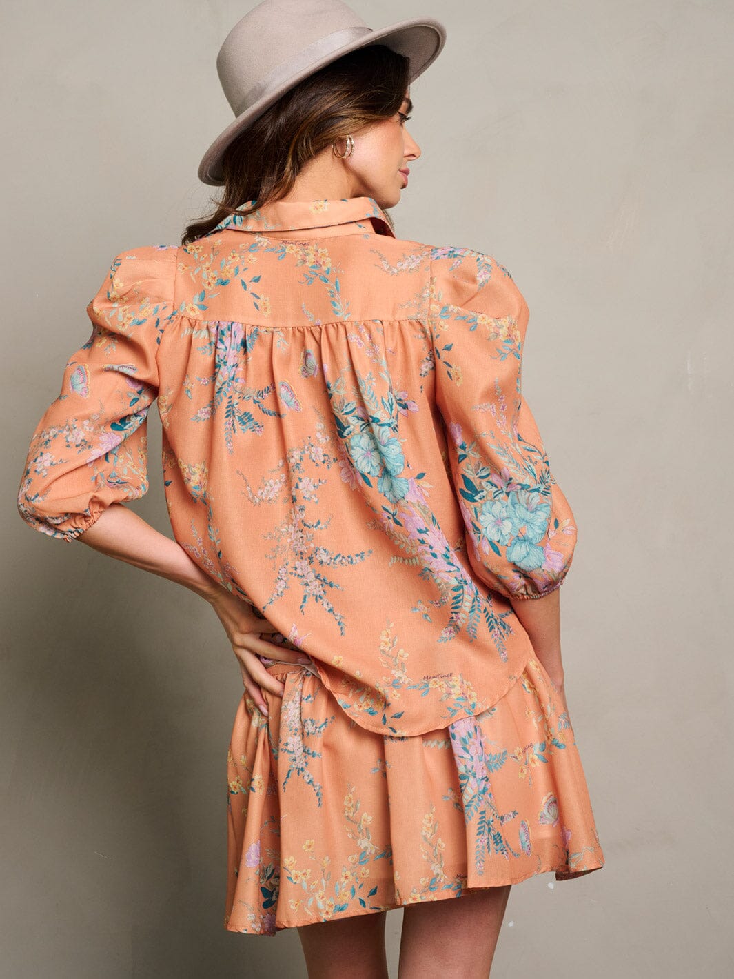 WOMEN'S 3/4 SLEEVE BUTTON UP TOP & MINI SKIRT FLORAL 2PC.SET