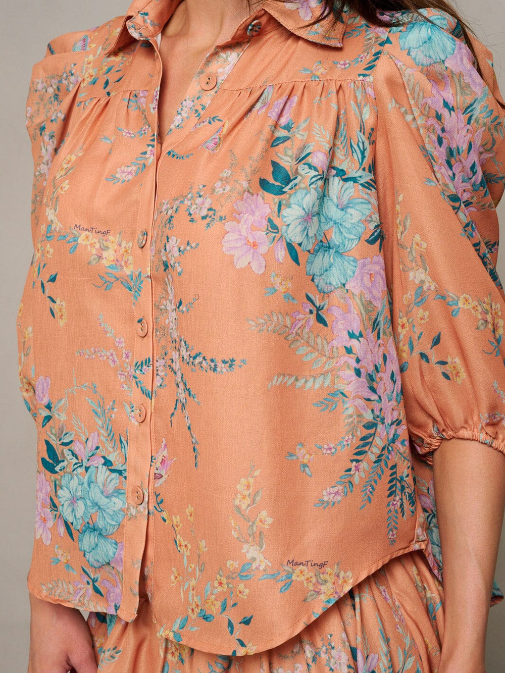 WOMEN'S 3/4 SLEEVE BUTTON UP TOP & MINI SKIRT FLORAL 2PC.SET