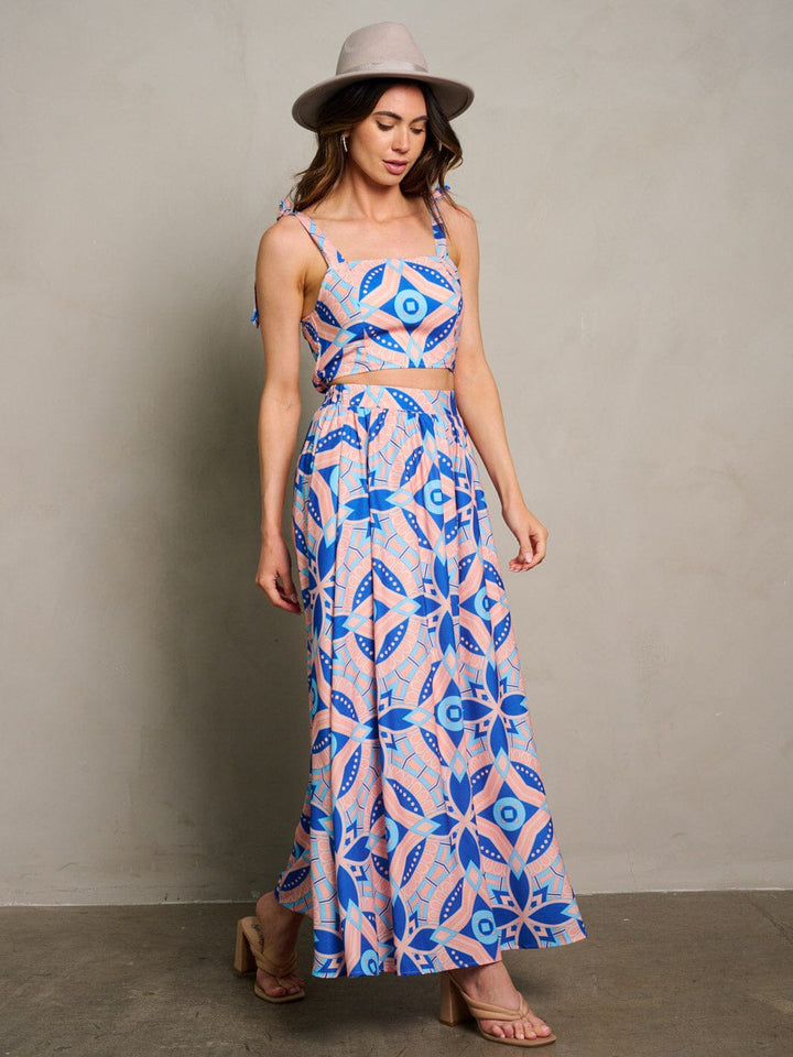 WOMEN'S SLEEVELES TOP & BUTTON CLOSURE MAXI SKIRT PRINTED 2PC. SET