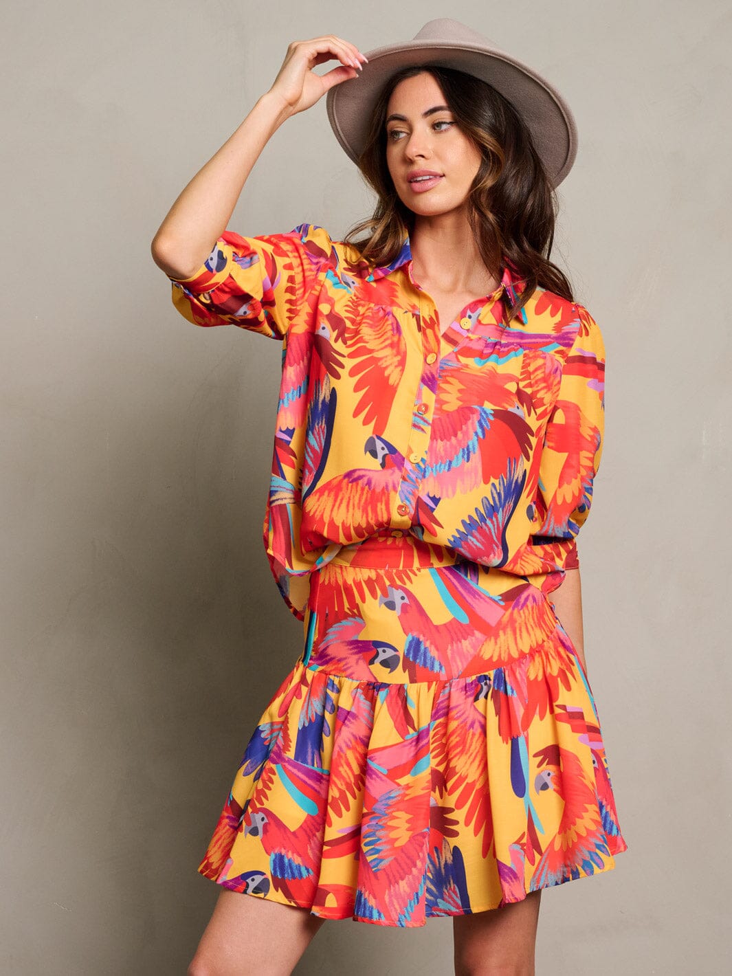 WOMEN'S SHORT SLEEVE BUTTON UP TOP & MINI SKIRT PRINTED 2PC.SET