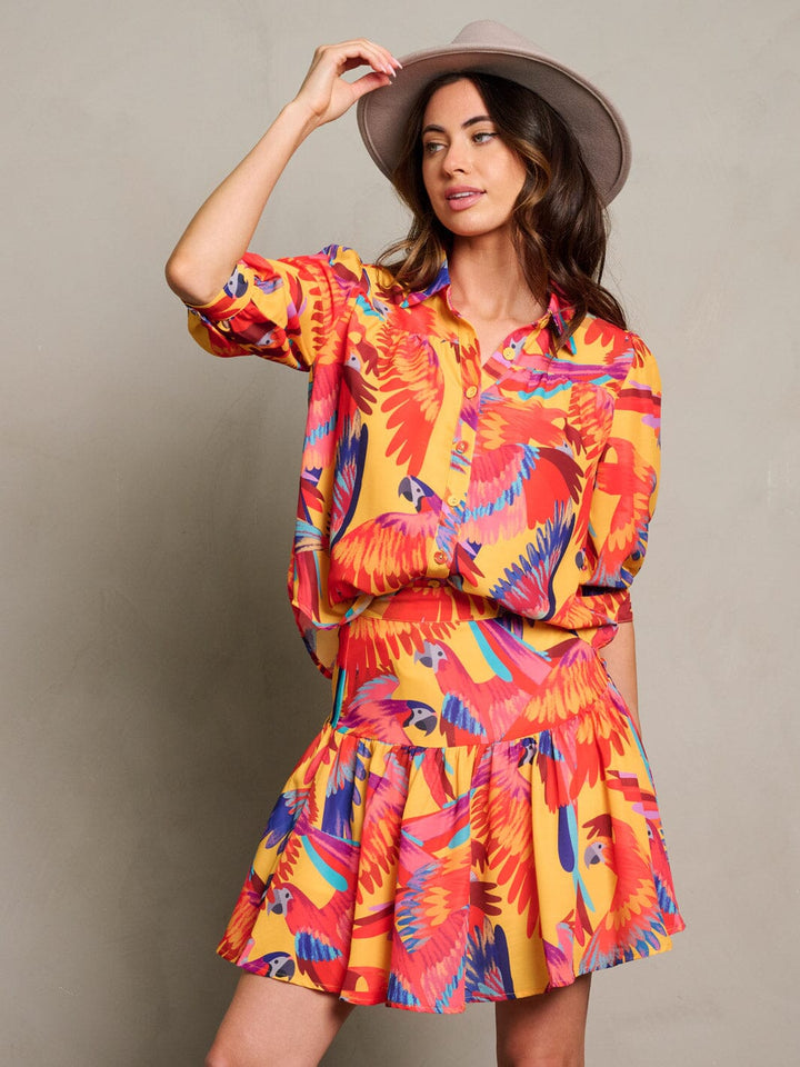 WOMEN'S SHORT SLEEVE BUTTON UP TOP & MINI SKIRT PRINTED 2PC.SET