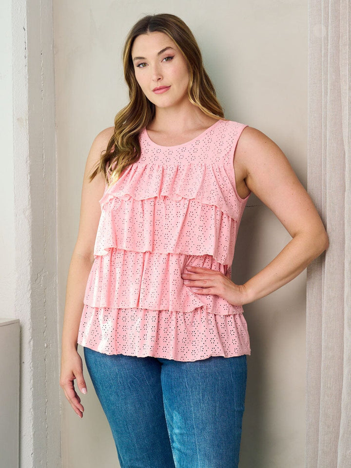 PLUS SIZE SLEEVELESS RUFFLE EYELET DETAILED TANK TOP