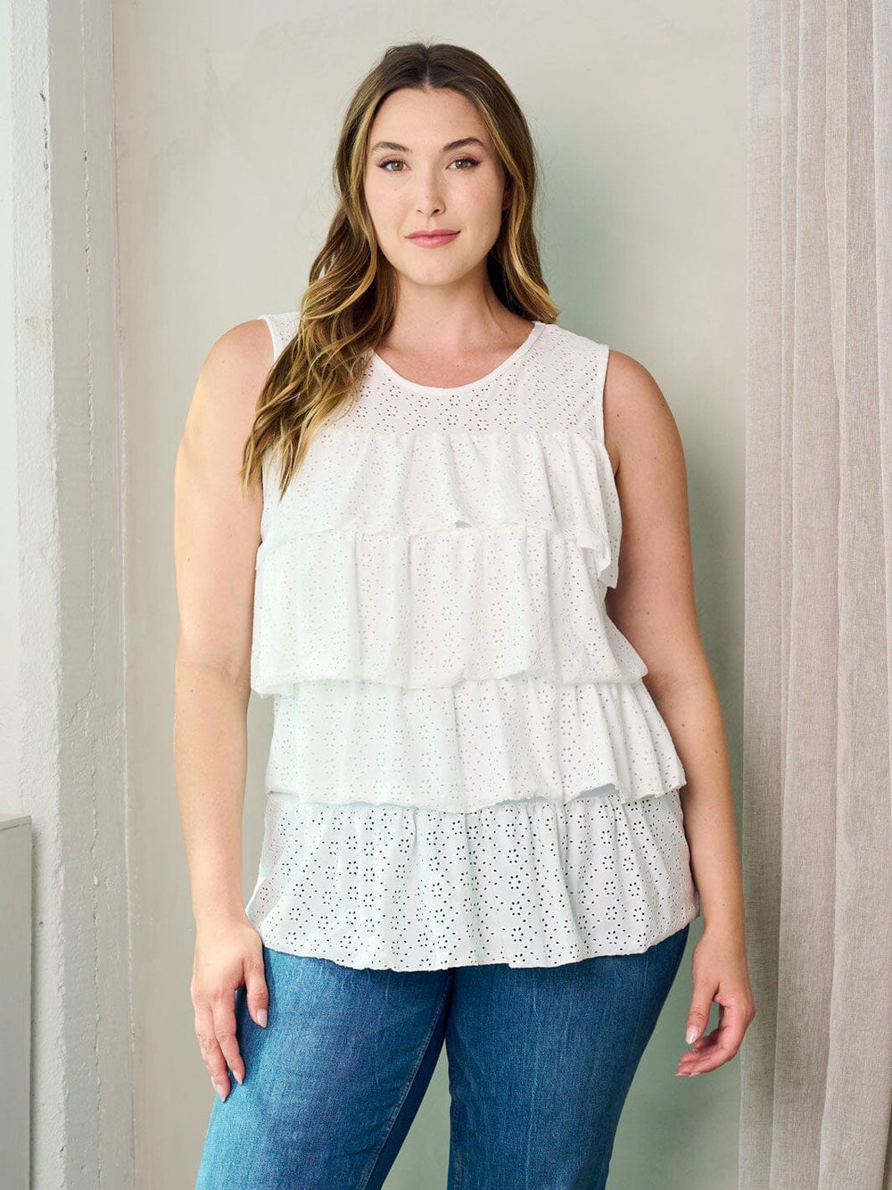 PLUS SIZE SLEEVELESS RUFFLE EYELET DETAILED TANK TOP